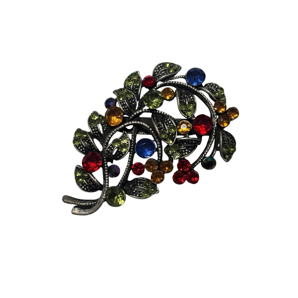 Vintage Silver Tone Multicolor Rhinestone Leafy Scrolled Branches Brooch Pin